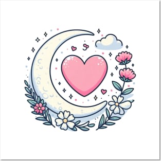 Moon, heart and flowers Posters and Art